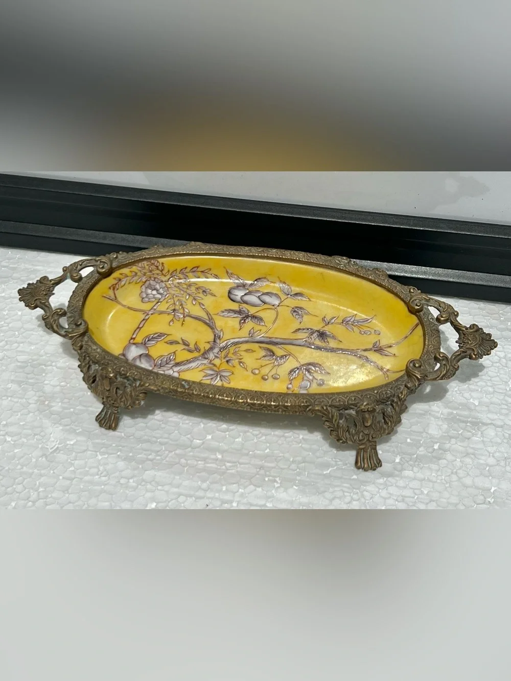 Vintage Chinese Antique Handpainted Porcelain Brass Trinket Soap Dish Tray